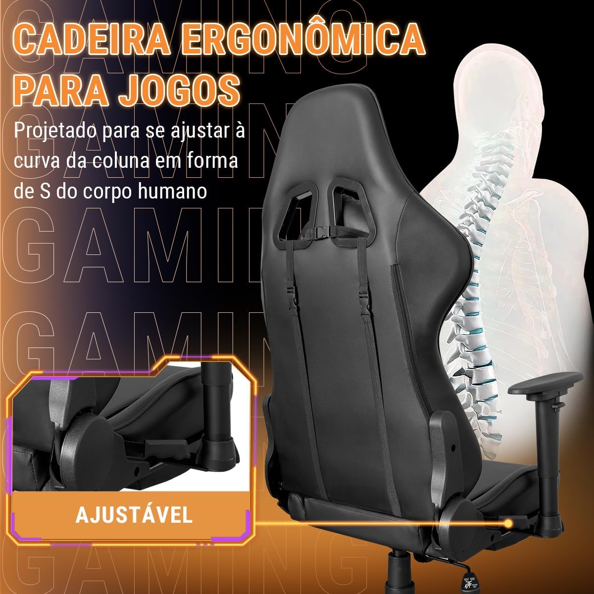 Cadeira Gamer Python Fly Deluxe, Design Ergonômico, Ajuste De 90-150 Graus, Design Preto E Dourado - Imagem 6