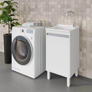 Tanque de Lavanderia Fibra 20L com Gabinete MDF 45cm Branco, Suporte para Torneira de Bancada, Entregue Montado, com Válvula e Sifão - EJV Shoop