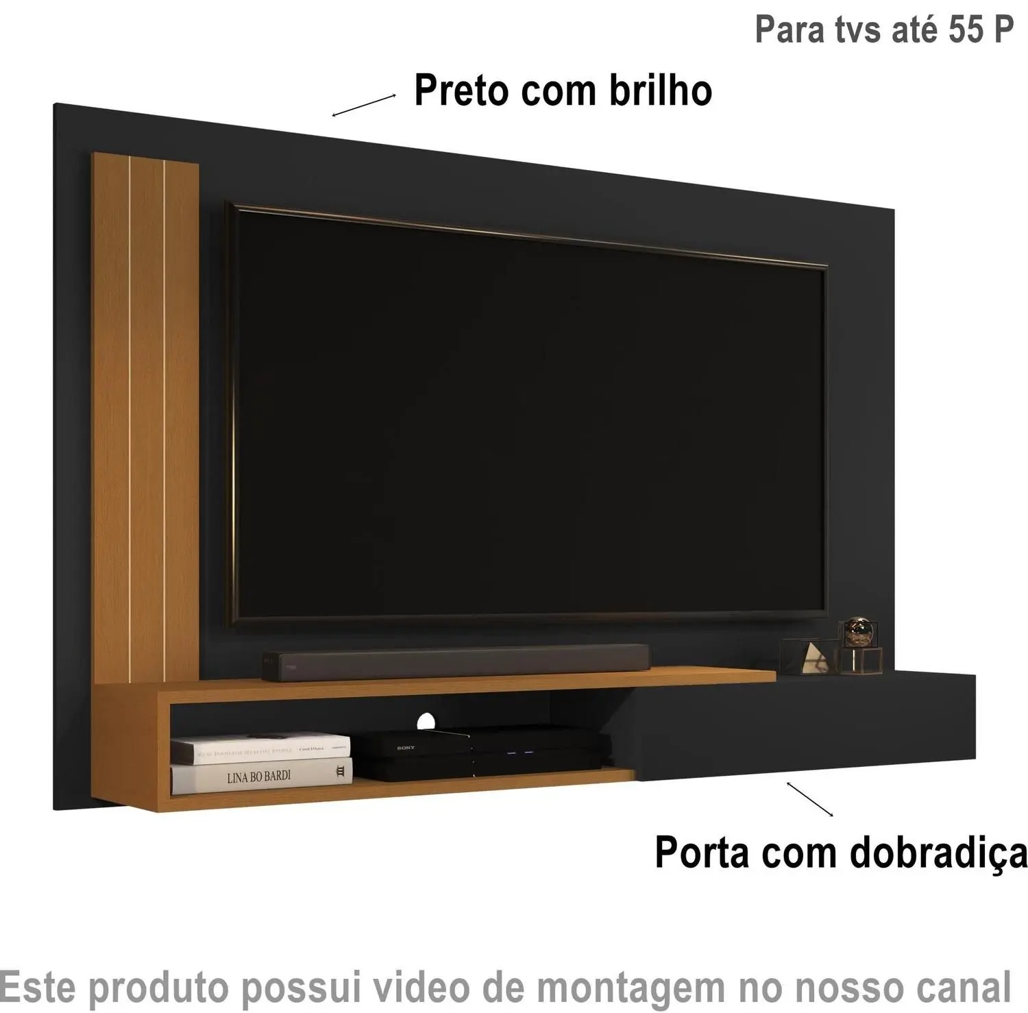 Painel Sala Para TV Smart até 50 Polegadas Match com porta Cor Preto / Nature - MJM Casa dos Moveis - JM Casa dos Móveis - Imagem 2