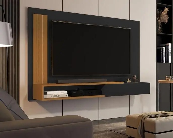 Painel Sala Para TV Smart até 50 Polegadas Match com porta Cor Preto / Nature - MJM Casa dos Moveis - JM Casa dos Móveis