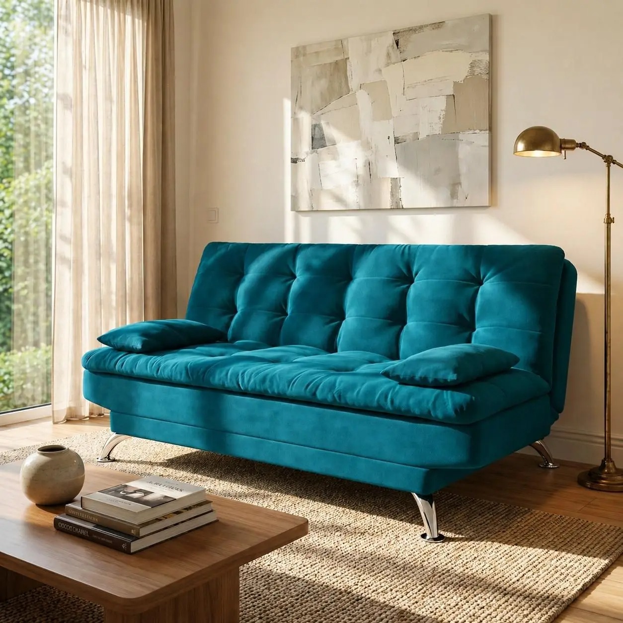 Sofá-Cama Casal 3 Lugares Premium A2 Suede Azul Turquesa - Mobly - Imagem 4