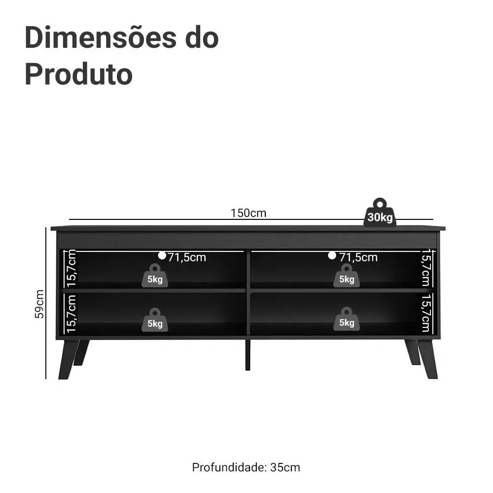 Rack para TV até 65 Polegadas com Pés Preto Turim Madesa - Imagem 4