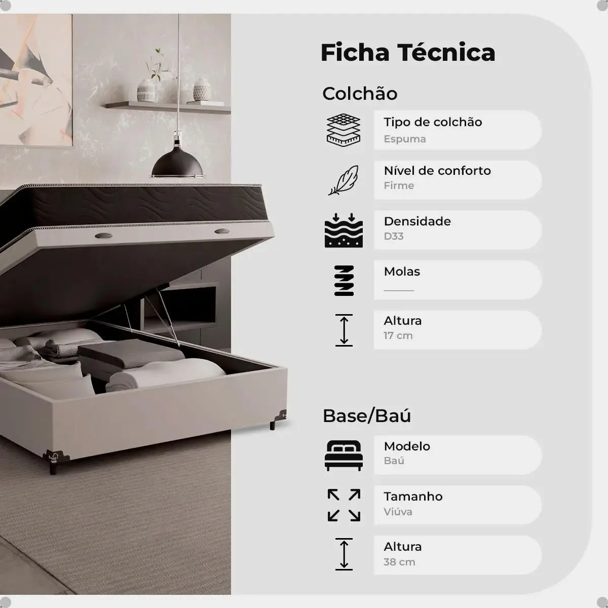 Cama Box Baú Viúva + Colchão D33 One Face - 61x128x188cm - Várias Cores - e-Shop Casa - Imagem 3