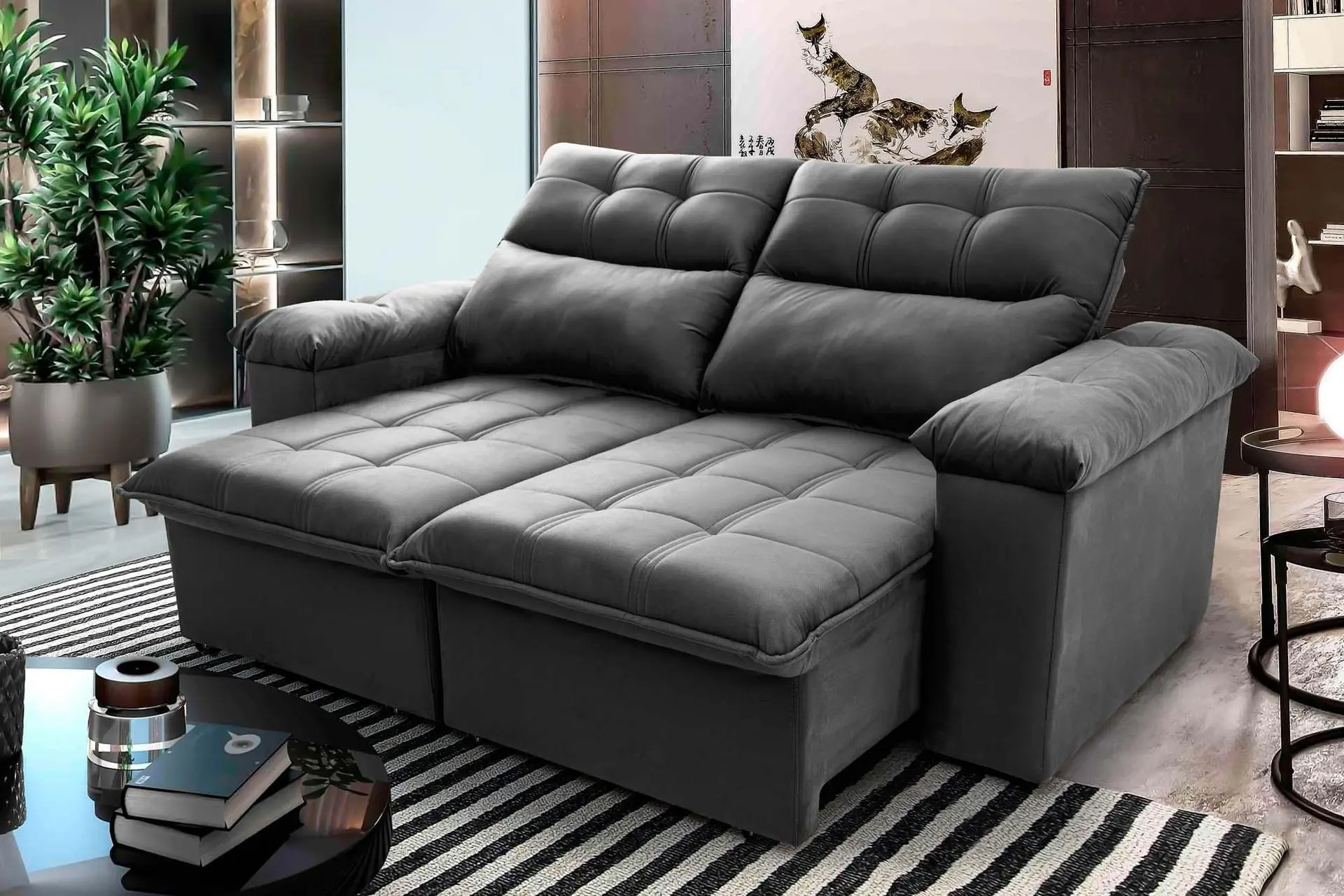 Sofá Retrátil/Reclinável Verona 1,80m Suede Velut Cinza c/ Molas no Assento - King House