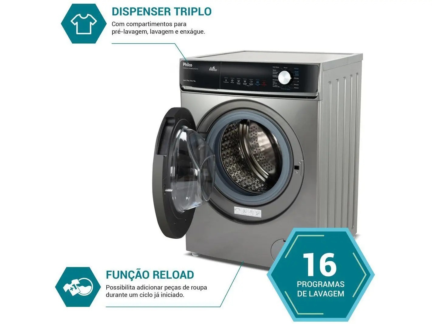 Lava e Seca Philco 16 Programas Eco Inverter 11kg Titânio PLS11C 110/220V - Imagem 2