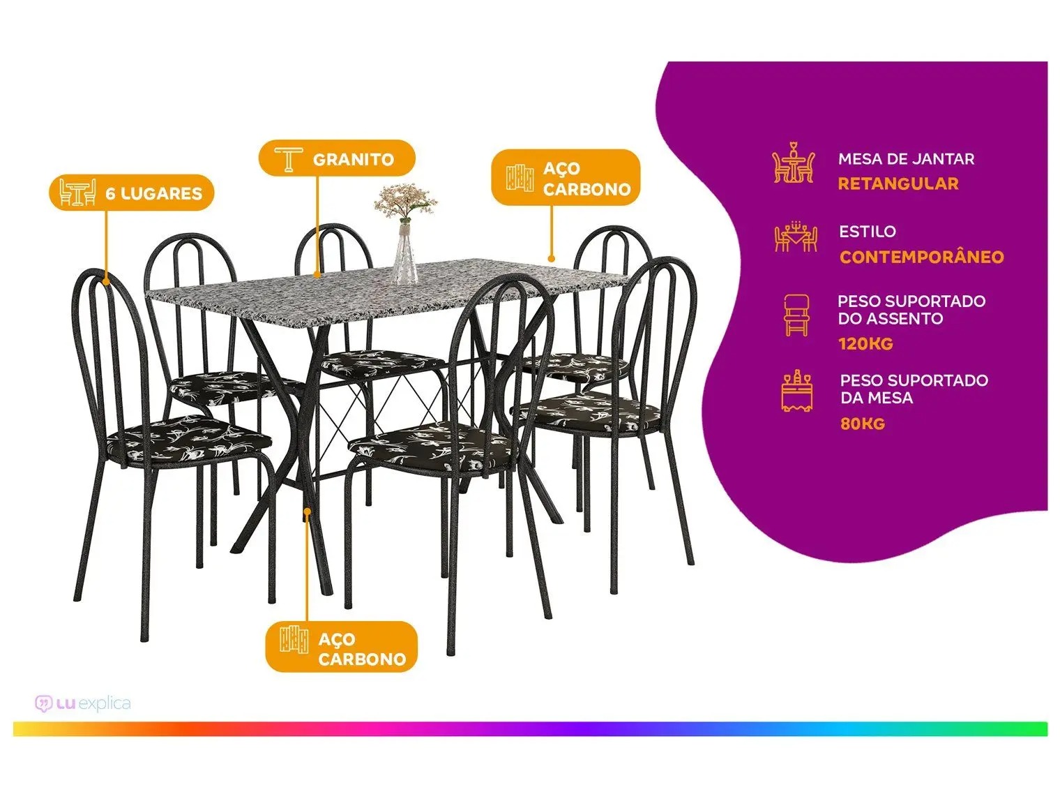 Mesa de Jantar 6 Cadeiras Retangular Preta - Artefamol America Bruna - Imagem 2