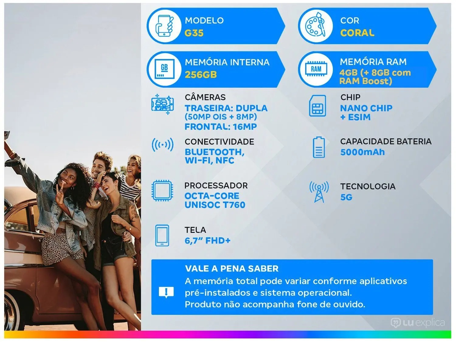 Smartphone Motorola Moto G35 256GB Coral 5G 4GB RAM+8GB Ram Boost 5G 6,7" Câm. Dupla + Selfie 16MP - Imagem 2